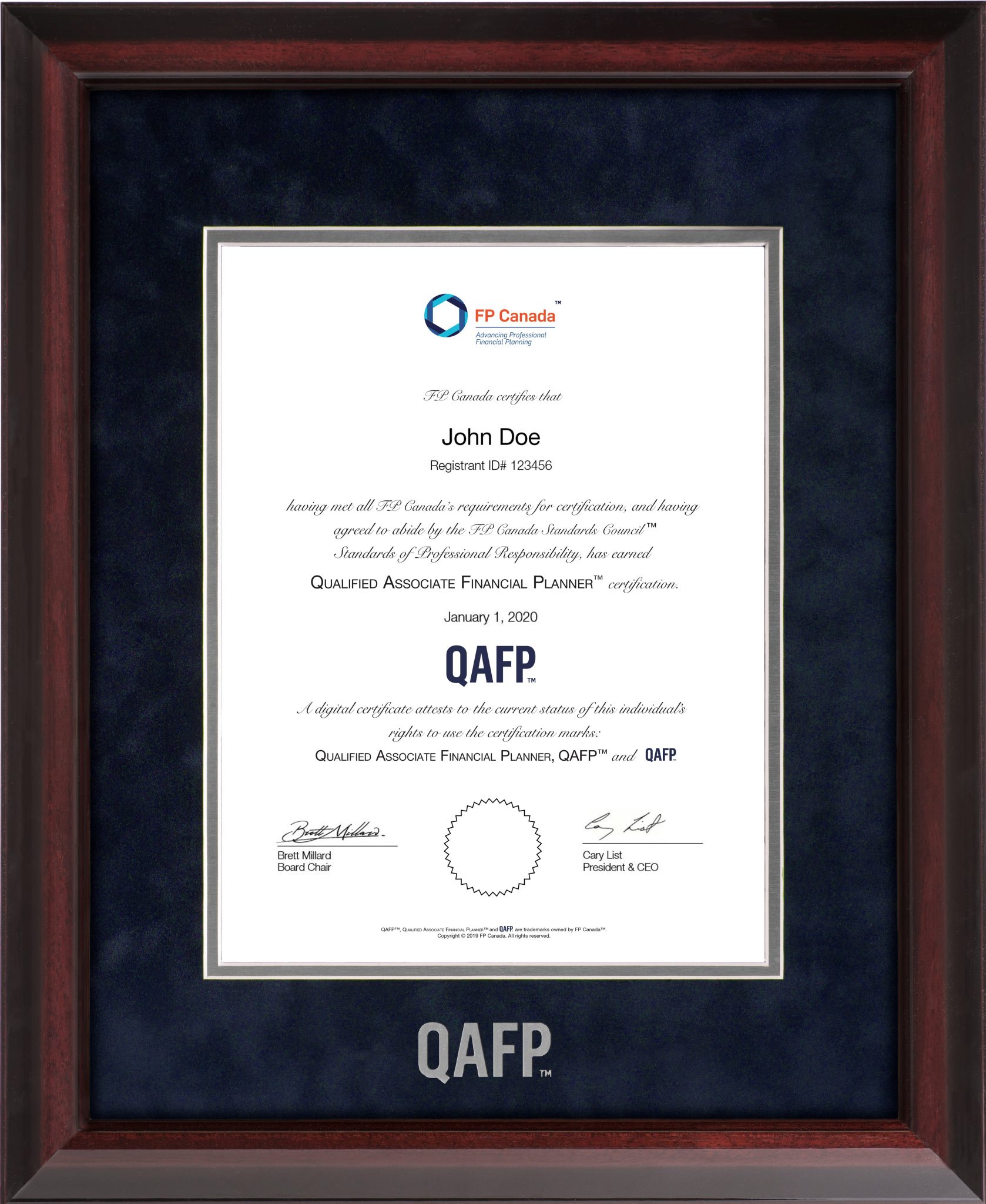 DIPLOMA FRAME for QAFP Executive FP Canada
